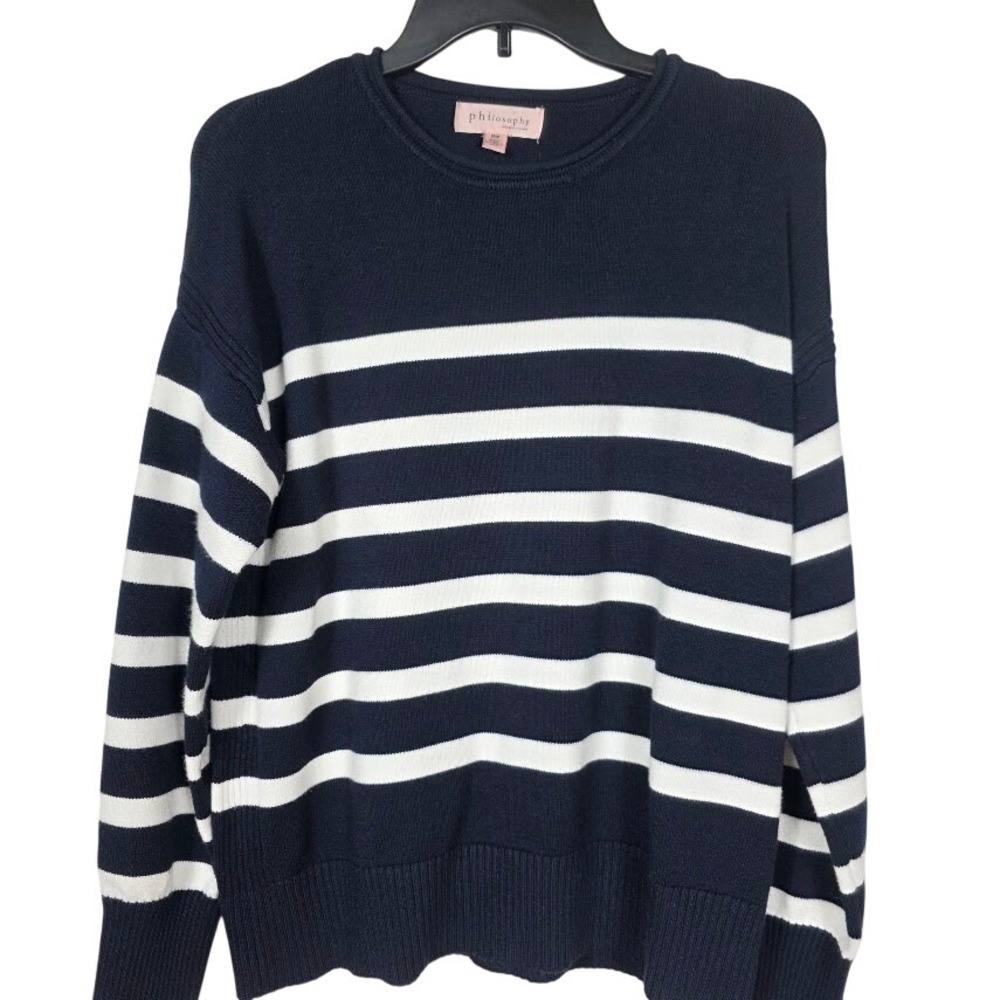 Philosophy Sweater Womens Medium Navy Blue White Striped Crew Neck Knit Pullover